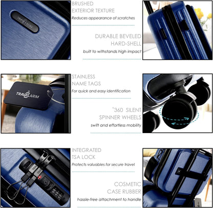 22 Inch Carry On Luggage 22x14x9 Airline Approved, Carry On Suitcase with Wheels, Hard-shell Carry-on Luggage, Durable Luggage Carry-On, Navy Small Suitcase with Cosmetic Case