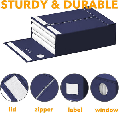SpaceAid 12 Pack Bed Sheet Organizers and Storage, Foldable Linen Closet Organizer, Set Folder Keeper With Window XL (Queen & King Size) Bedding Container (Navy Blue)