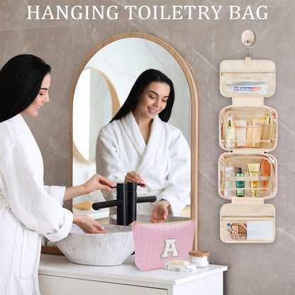YOOLIFE Hanging Toiletry Bag for Women - Large Travel Toiletry Bag Makeup Bag, Portable Toiletries Cosmetic Bag, Airplane Travel Essentials - Letter N, Pink