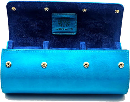 Genuine Napa Leather Watch Roll Travel Case for 3 Watches - Travel Watch Rolls and Leather Watch Display Cases with Velvet Interior - Watch Storage Organizer Men's (Blue 3 Watch Roll Case)