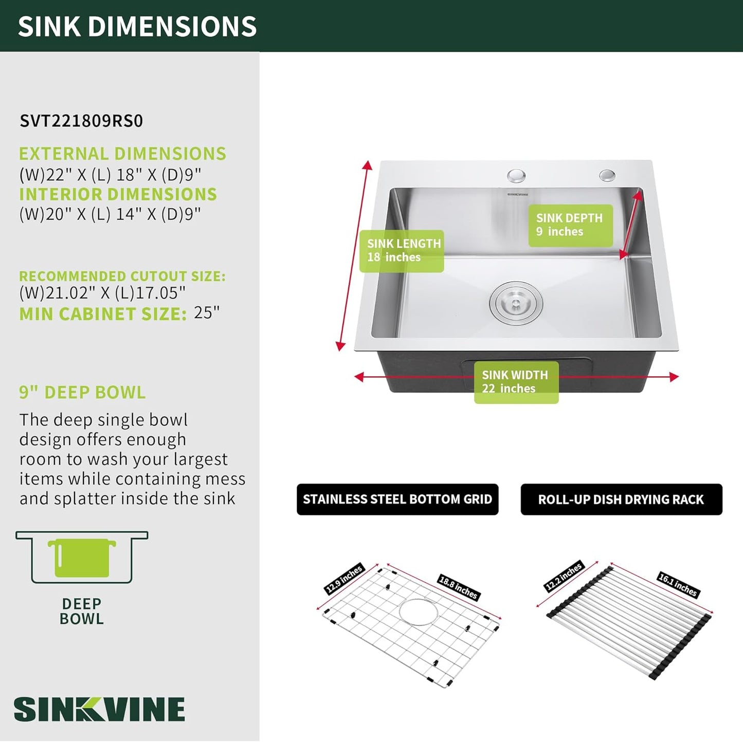 22 Inch Drop-In Kitchen Sink, SINKVINE 22" x 18" Stainless Steel Indoor and Outdoor Sink, Top Mount Deep Single Bowl Sink for Laundry, Wet Bar, RV, w/Drain Strainer, Bottom Grid, Roll-up Drying Unit