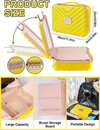Kalolary Travel Makeup Train Cases with Lighted Mirror 3 Color Setting, Makeup Bag Cosmetic Case Organizer Adjustable Brightness Portable Makeup Storage Box with Detachable 5X Magnifying Mirror Yellow