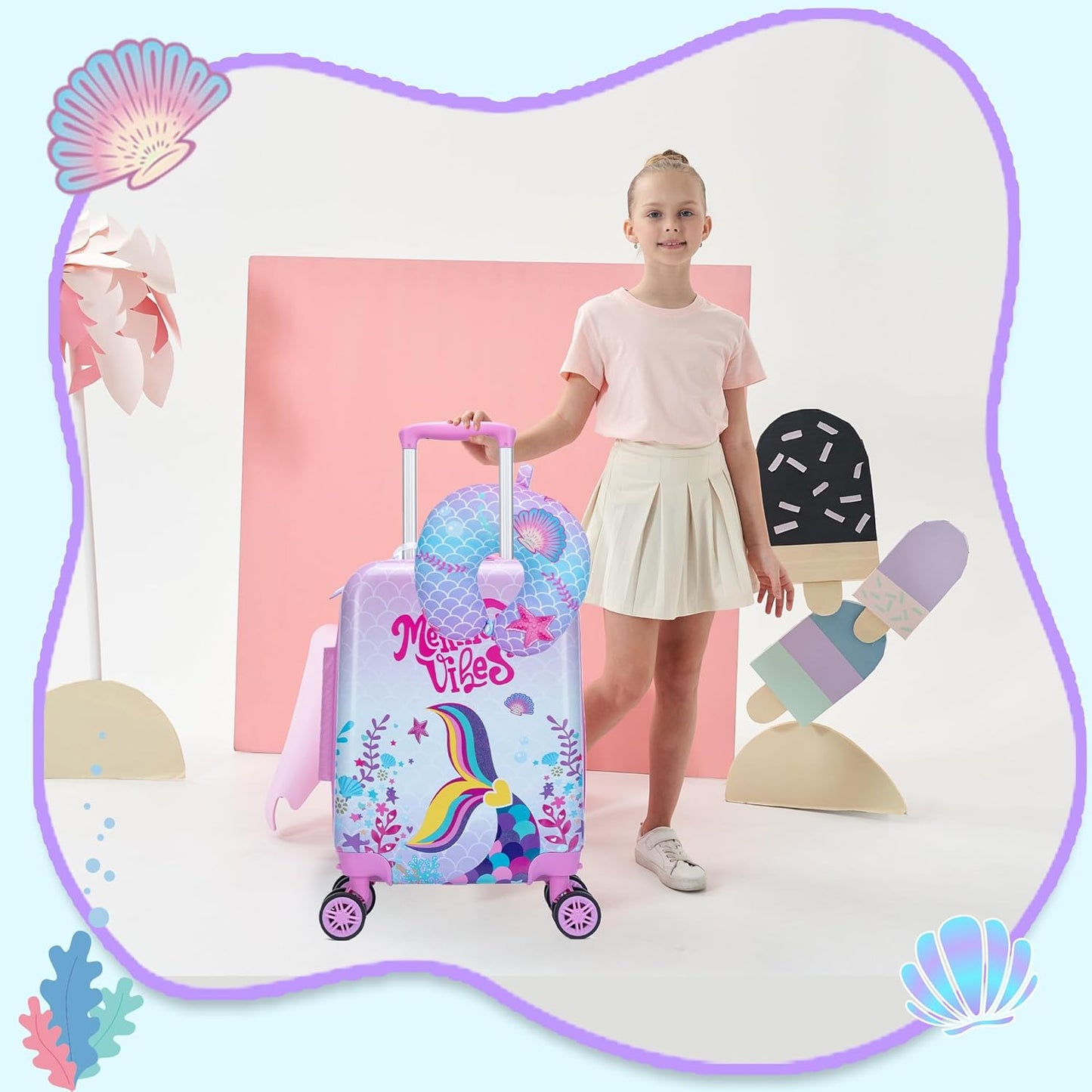 Cute Mermaid Kid’s Luggage Set 2 Piece Suitcase Set 16" Hardside Luggage with Spinner Wheels Girls Carry on Toddler Travel Rolling Luggage Airline Approved