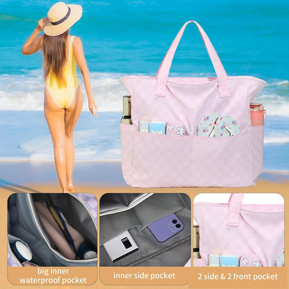 LEDAOU Beach Bag Waterproof Sandproof Women Tote Bag Pool Bag with Zipper for Gym Grocery Travel with Wet Pocket