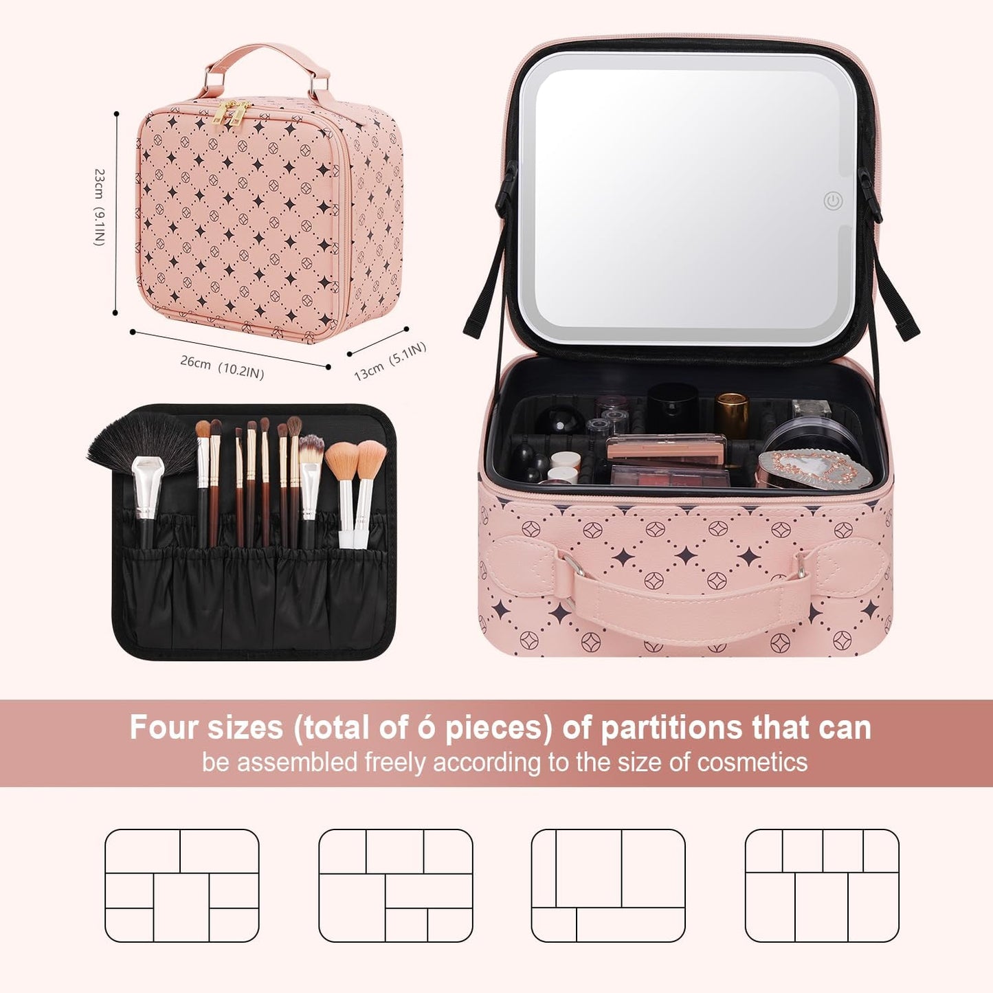 Travel Makeup Bag With 360° rotating LED Mirror,Waterproof cosmetic organizer,Portability Cosmetic case,Makeup organizer,Gift for Women,Girls Gift (Pink)