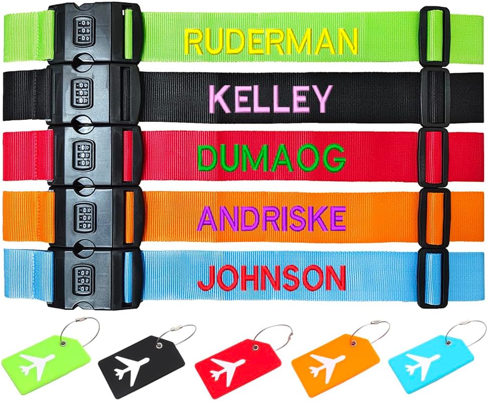 4PC Custom Embroidery Luggage Strap with Your Text/Name,Personalized Luggage Straps with Lock for Suitcases,Adjustable Suitcase Strap Belt Tag for Secure Travel