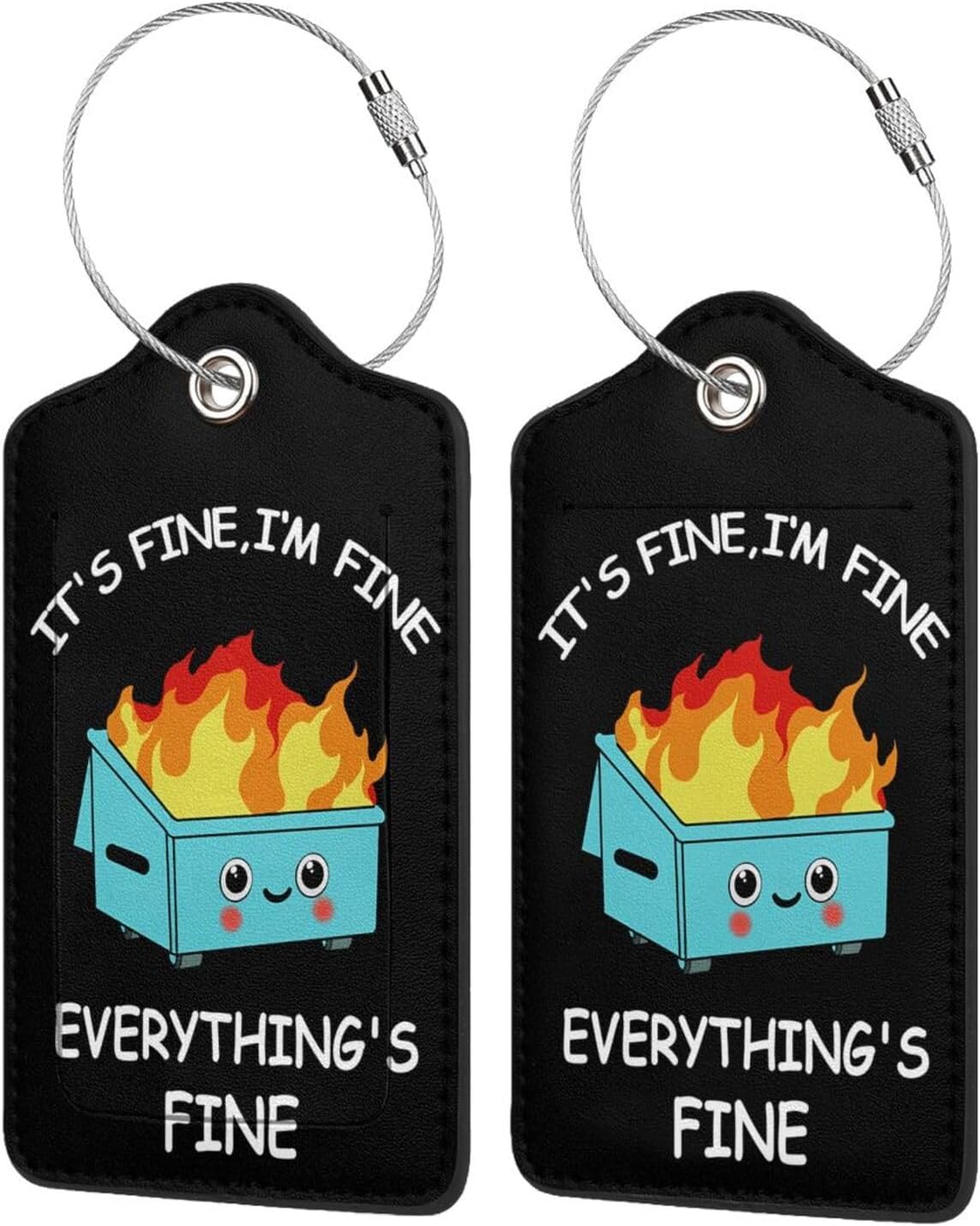2 Pack Luggage Tags for suitcases Funny Cute Black Trash on fire I'm Fine It's Fine Luggage Tag, Leather Stainless Steel Loop Label Tag for Men Women Travel Bag Suitcase(Trash on fire)
