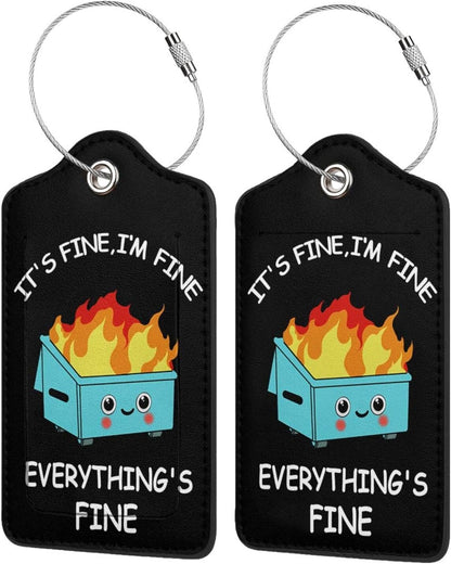 2 Pack Luggage Tags for suitcases Funny Cute Black Trash on fire I'm Fine It's Fine Luggage Tag, Leather Stainless Steel Loop Label Tag for Men Women Travel Bag Suitcase(Trash on fire)