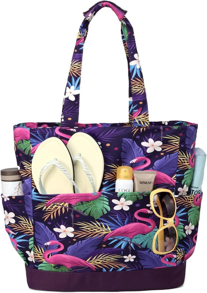 VASCHY Beach Bag for Women, Large Waterproof Sandproof Fold-able Packable Pool Tote Bag w Zipper/Pockets