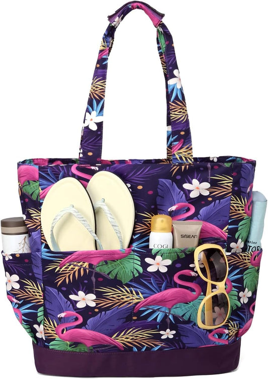 VASCHY Beach Bag for Women, Large Waterproof Sandproof Fold-able Packable Pool Tote Bag w Zipper/Pockets