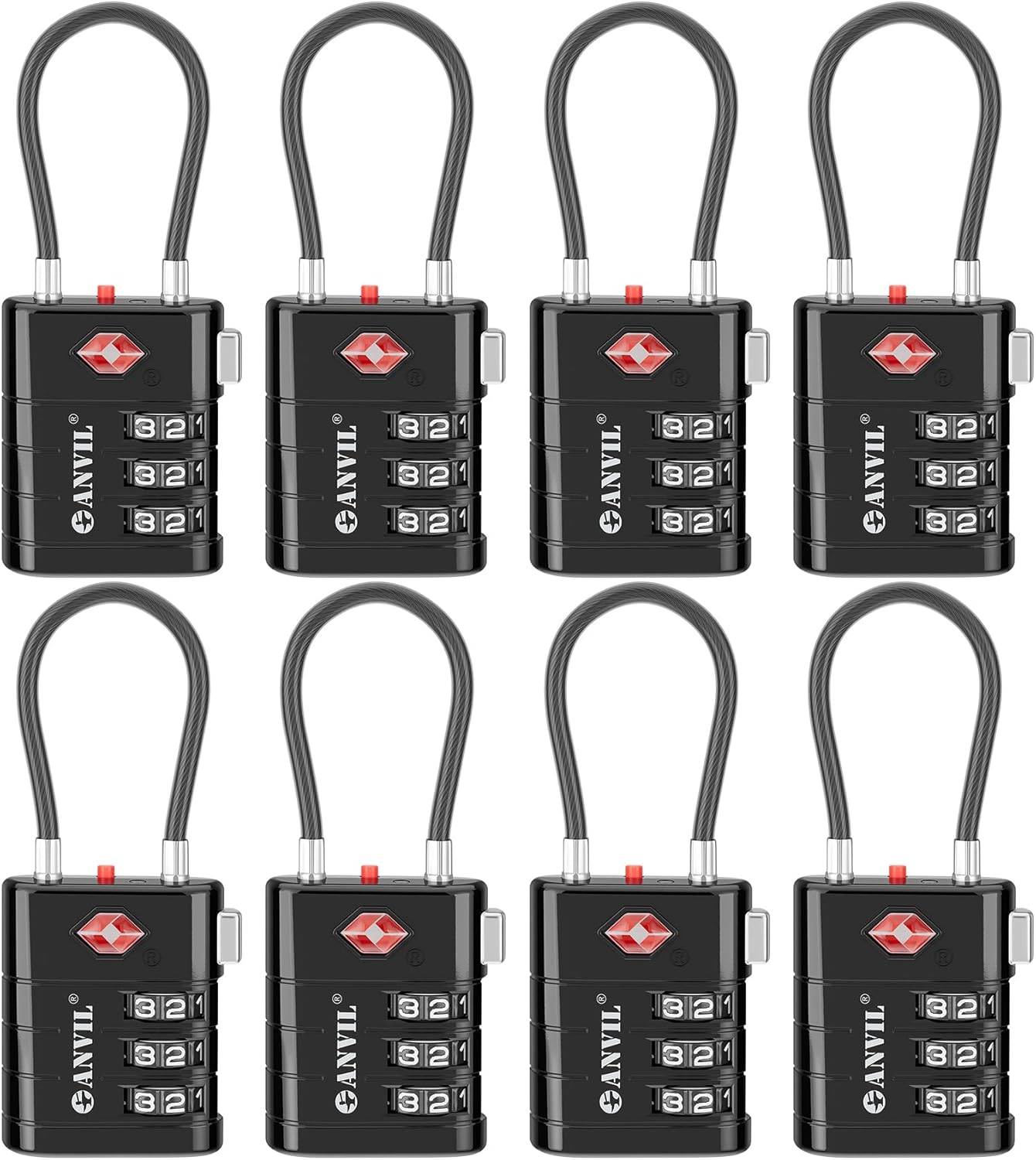 ANVIL TSA Approved Luggage Locks – High Security TSA008 Combination Travel Locks with Inspection Indicator for Suitcases and Backpacks. (8, Black)