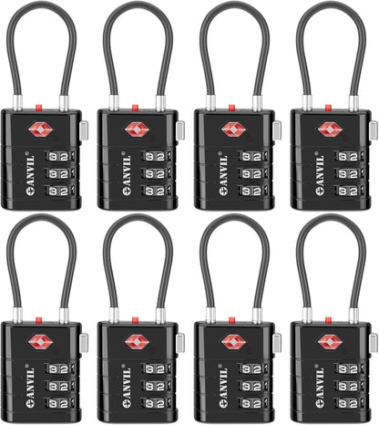 ANVIL TSA Approved Luggage Locks – High Security TSA008 Combination Travel Locks with Inspection Indicator for Suitcases and Backpacks. (8, Black)