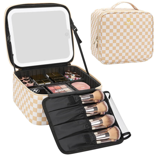 Relavel Travel Makeup Bag With LED Mirror, Cosmetic Train Case with Light up Mirror, Portable Makeup Artist Organizer Bag with Adjustable Dividers, Makeup Brush Holder Storage, Plaid