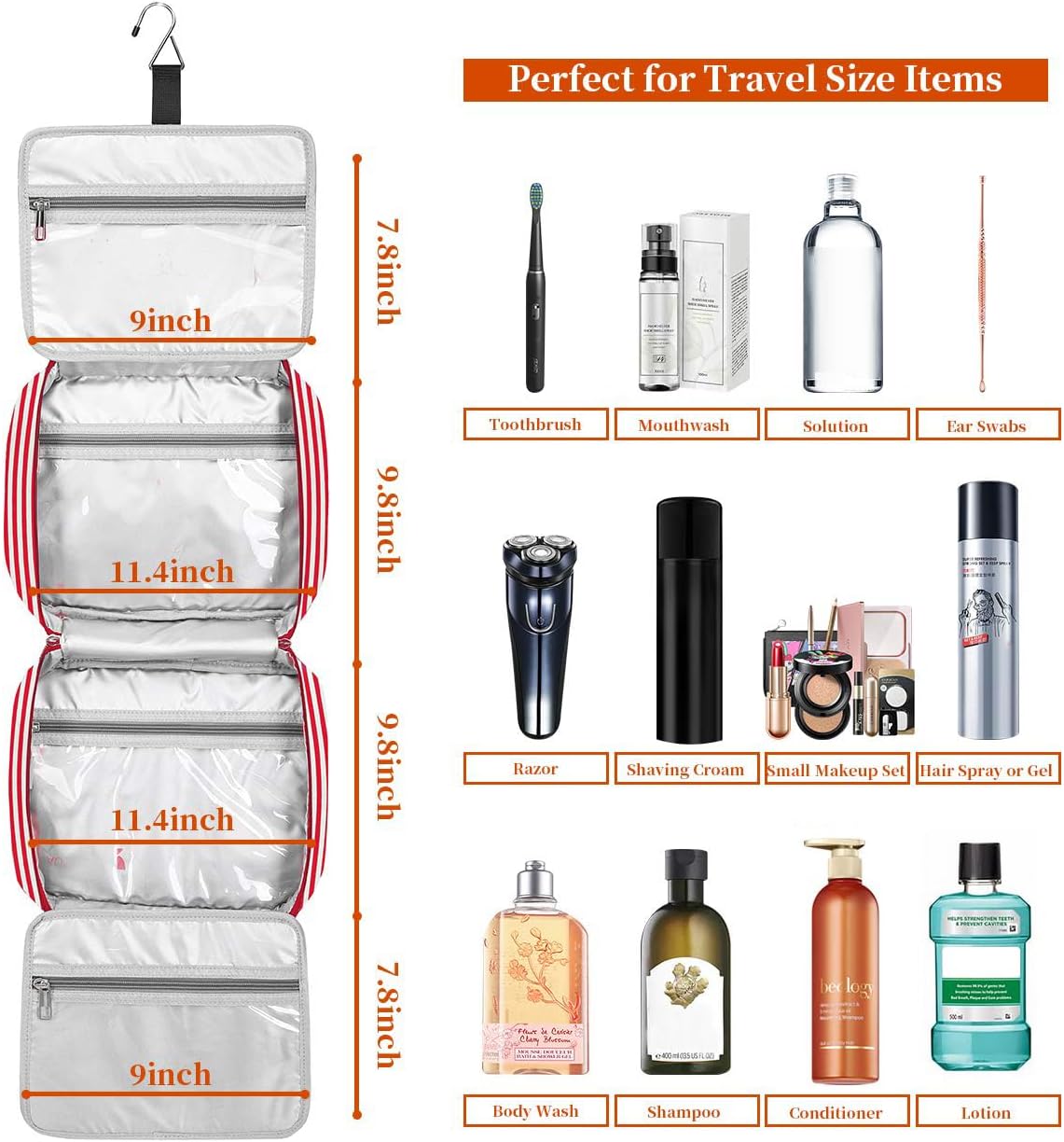 Hanging Travel Toiletry Bag,Large Capacity Cosmetic Travel Toiletry Organizer for Women with 4 Compartments & 1 Sturdy Hook,Perfect for Travel/Daily Use/Christmas