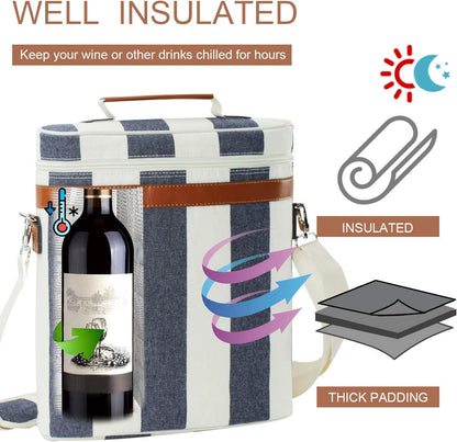 Zormy 3 Bottle Insulated Wine Tote Cooler Bag, Portable Carrier with Corkscrew Opener and Shoulder Strap for Beach Travel Picnic, Unique Carrier
