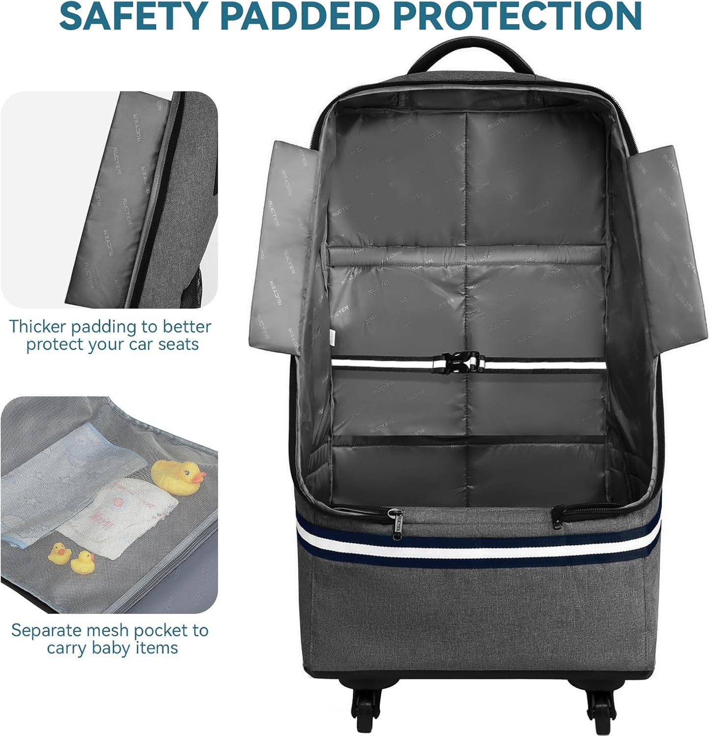 Rolling Car Seat Travel Bag, Padded Carseat Travel Backpack for Airplane,Large Durable Travel Bag with 4 Wheels,Adjustable Shoulder Strap and Waterproof Base Dark Grey