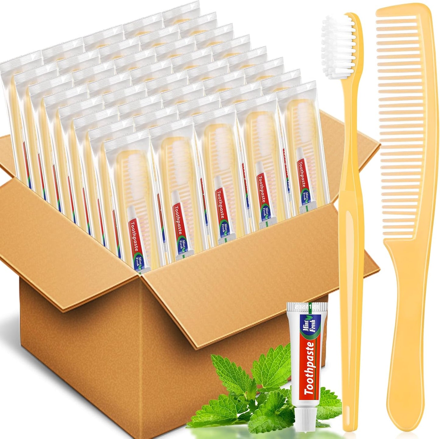 NICEMOVIC 100 Pack Disposable Toothbrushes Bulk with Toothpaste and Comb Travel Size Toothpaste Set Homeless Care Package Supplies for Bulk Individually Wrapped Disposable Travel Hotel Charity, Yellow