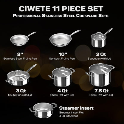 Tri-Ply Stainless Steel Pots and Pans Set 11-PC, 18/10 Stainless Steel Induction Cookware Set with Steamer Insert, Kitchen Cookware Sets with Stay Cool Ergonomic Handles, Dishwasher, Oven Safe