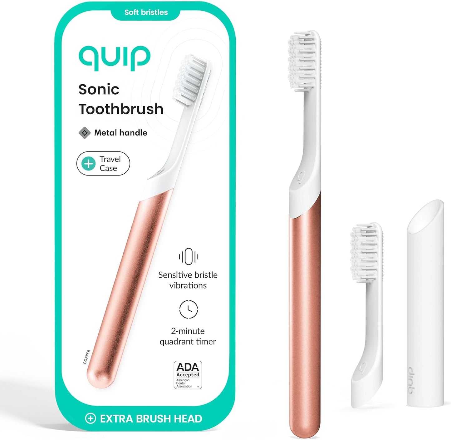 Quip Sonic Toothbrush for Adults with Timer - Includes Extra Brush Head and Travel Cover Mount - Electric, Soft Bristle Refill Head, Metal Handle, 3 Month Battery Life - Travel Toothbrush - Copper