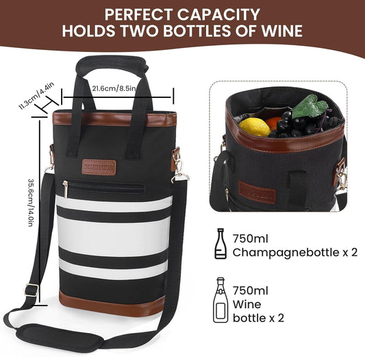 2-Bottle Insulated Wine Carrier Tote - Leakproof Padded 900D Oxford Cooler Bag for Travel, Picnics, Beach & Parties