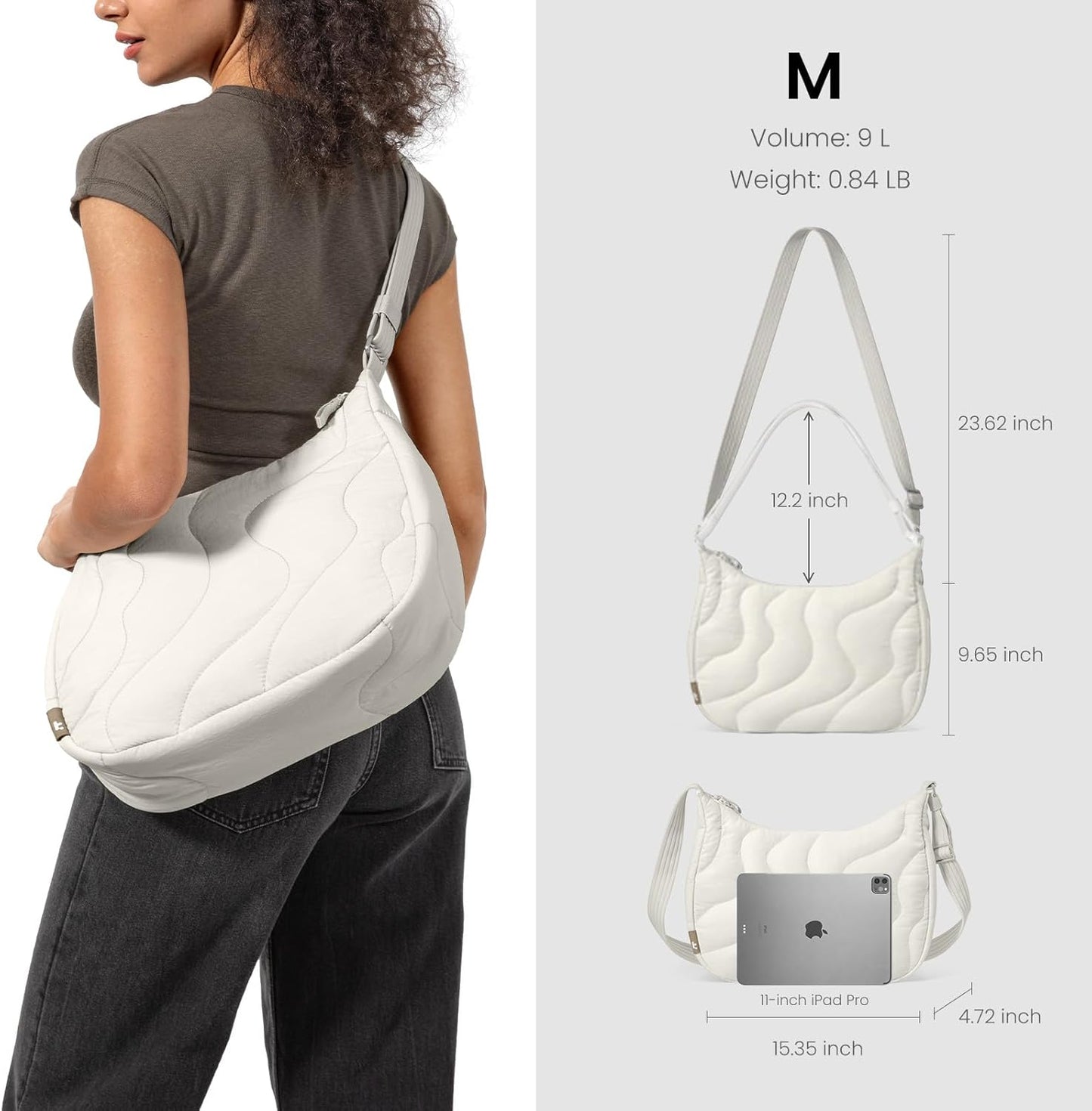 tomtoc 9L Puffer Sling Crossbody Bag for Women Trendy, Nylon Quilted Crescent Shoulder Bag Purses for 11-inch iPad Air/Pro & Nintendo Switch 2, Puffy Travel Hobo Handbag with Organized Inner Pockets