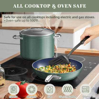 Nuwave 7pc Cookware Set Healthy Duralon Blue Ceramic Nonstick Coated, Diamond Infused Scratch-Resistant, PFAS Free, Oven Safe, Induction Ready & Evenly Heats, Tempered Glass Lids & Stay-Cool Handle