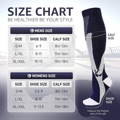 Kickticks 4 Pairs Compression Socks for Woman & Man Unisex 20-30mmHg Knee high Plus Size Wide Calves for Flying Running…