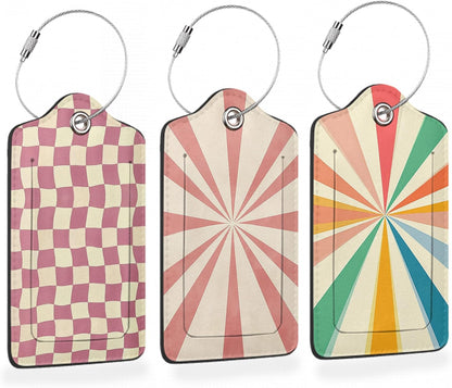 Abstract Colorful Twisted Checkered PU Leather Luggage Tags for Suitcase, Travel Cruise 3 Pack with Privacy Flap, Name ID Label and Metal Loop for Women Men Girls Baggage Bag Backpack