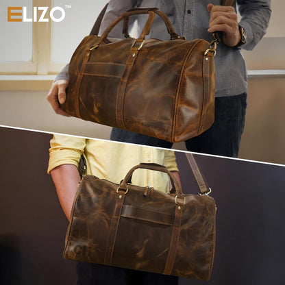 ELIZO Personalized Leather Duffle Bag For Men Women REAL FULL GRAIN Custom Travel Overnight Weekender Carry On Luggage Sports Gym Bags (Antique 20 Inch) Origin
