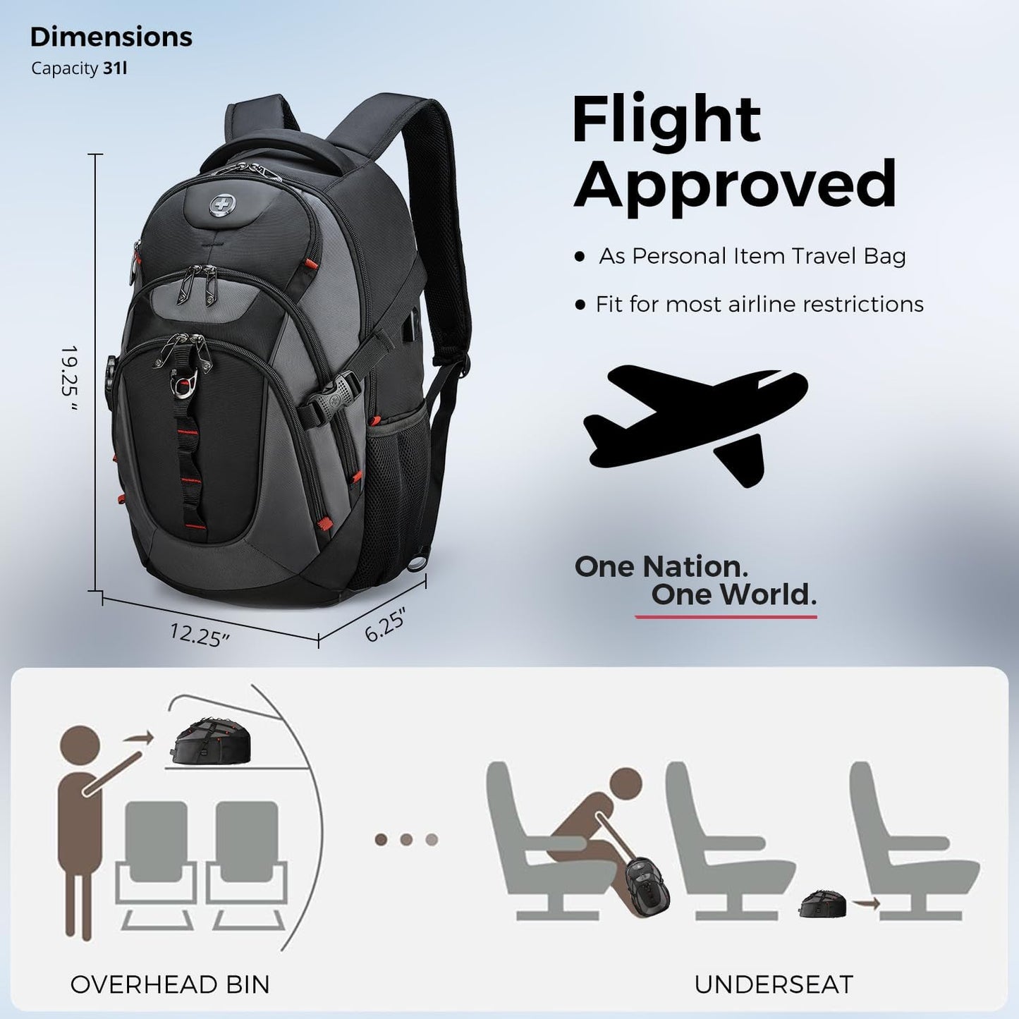 Swissdigital Design Laptop Backpack with USB Charging Port, TSA Travel Backpack Fits 15.6 inches Computer, 31L College School Backpack for Men, Black/Grey | SD803