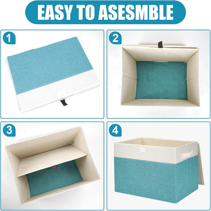 Large 17" 42 Quarts Collapsible Stackable Storage Bins with Lids [3-Pack] Foldable Fabric Linen Storage Boxes Cube, Closet Organizer Baskets with Label for Home (16.7 x 12 x 12", Teal & White)