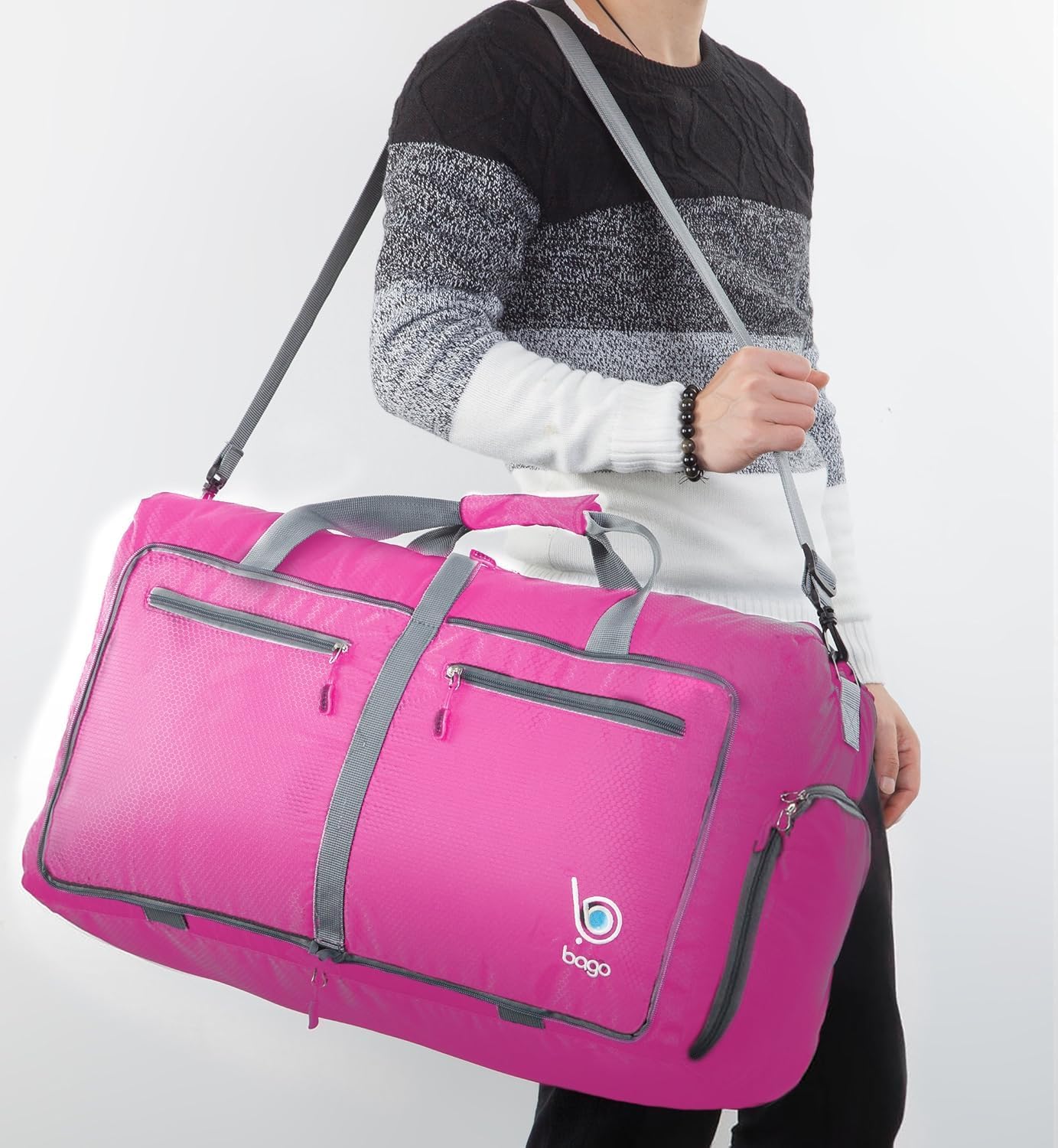 Bago Foldable Duffel Bags for Traveling Women & Men - 60L Medium Packable Duffle Bag for Travel with Shoe Compartment - Water Repellant, Heavy Duty, Lightweight Folding & Collapsible (Pink)