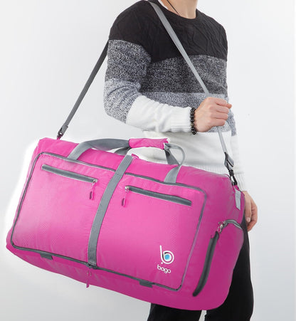 Bago Foldable Duffel Bags for Traveling Women & Men - 60L Medium Packable Duffle Bag for Travel with Shoe Compartment - Water Repellant, Heavy Duty, Lightweight Folding & Collapsible (Pink)