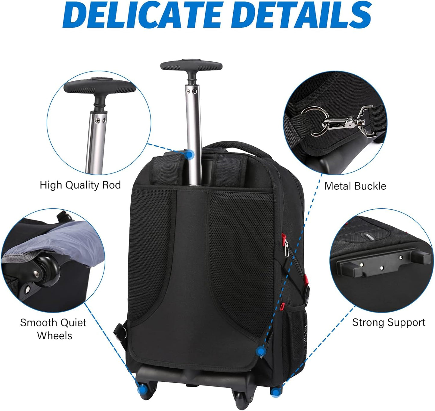 LOVEVOOK Rolling Laptop Backpack with Wheels, Waterproof Travel Carry On Business Backpack for Men, Fits 17 inch (17 inch, Black)