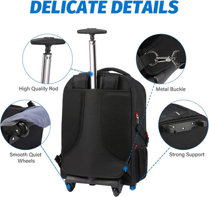 LOVEVOOK Rolling Laptop Backpack with Wheels, Waterproof Travel Carry On Business Backpack for Men, Fits 17 inch (17 inch, Black)