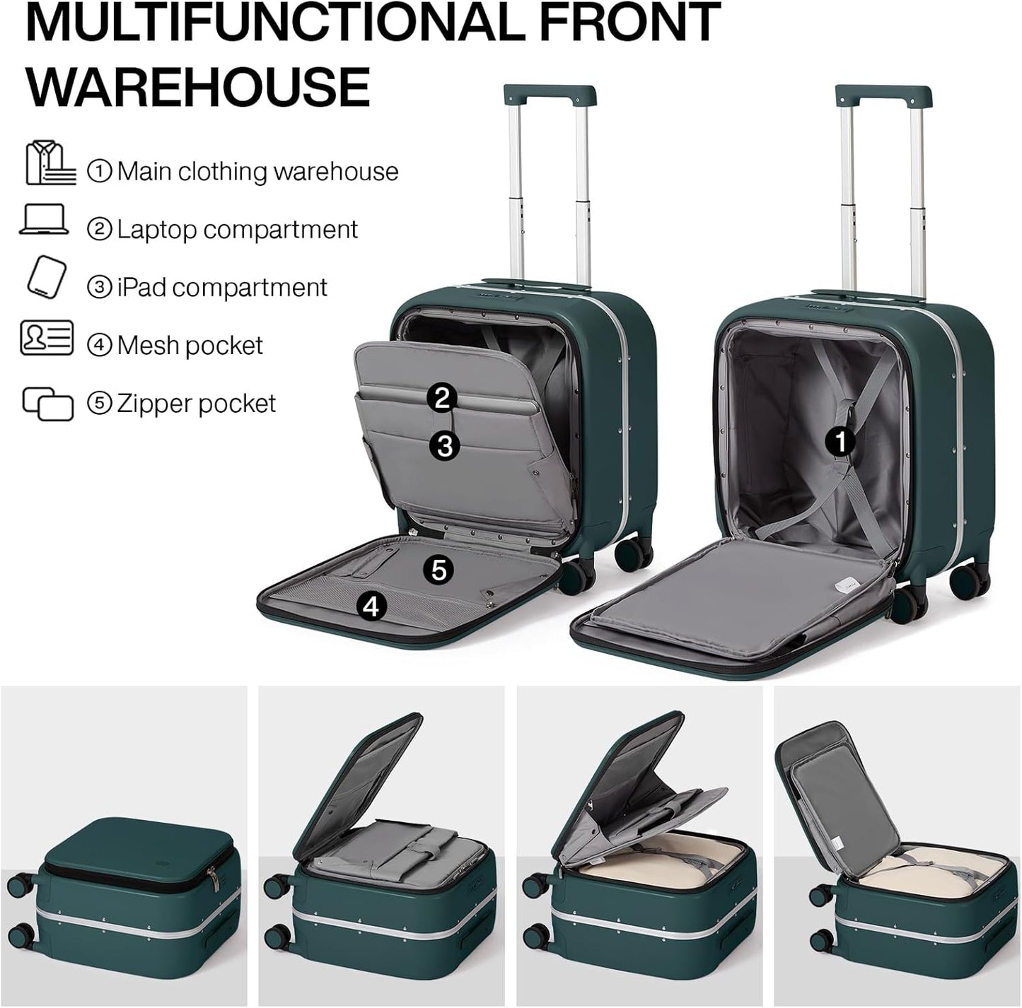 mixi Carry On Luggage, 18” Suitcase with Front Laptop Pocket, Travel Luggage Aluminum Frame PC Hardside with Spinner Wheels & TSA Lock and Cover (Not for Underseat), Blackish Green