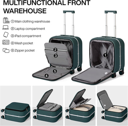mixi Carry On Luggage, 18” Suitcase with Front Laptop Pocket, Travel Luggage Aluminum Frame PC Hardside with Spinner Wheels & TSA Lock and Cover (Not for Underseat), Blackish Green