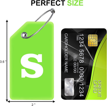 8 Pcs Luggage Tags for Suitcases, 26 Initial Letter Travel Luggage Baggage Identification Labels ID Tags Fully Bendable Tags with Stainless Steel Loop (Letter S, Green)