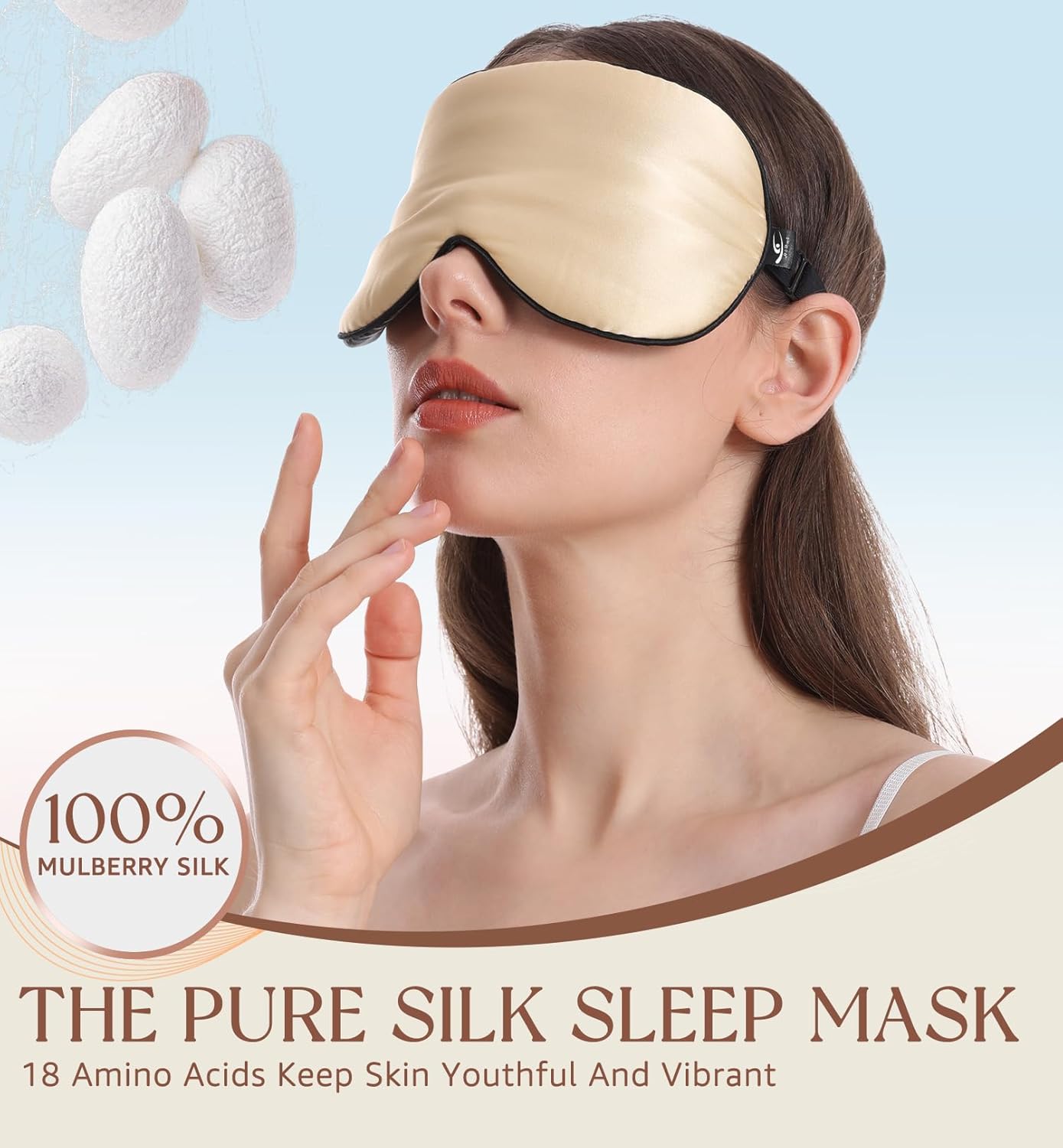 HiRui Silk Sleep Mask, 100% Natural Mulberry Silk of Double-Sided & Inner-Filling, Ultra-Smooth Soft, Adjustable Strap, Blocks Light for Night Sleeping, Travel, Office Naps (Champagne)