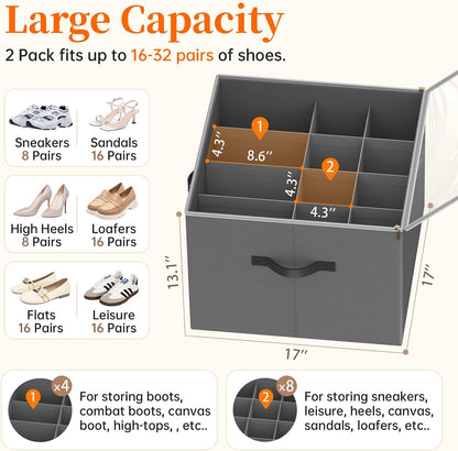 3 Pack Shoe Organizer for Closet, Foldable Shoe Storage Containers, Fits up to 24-48 Pairs, Shoe Storage Organizer Box Cubby Baskets Bins with Clear Cover and Reinforced Handles, Gray