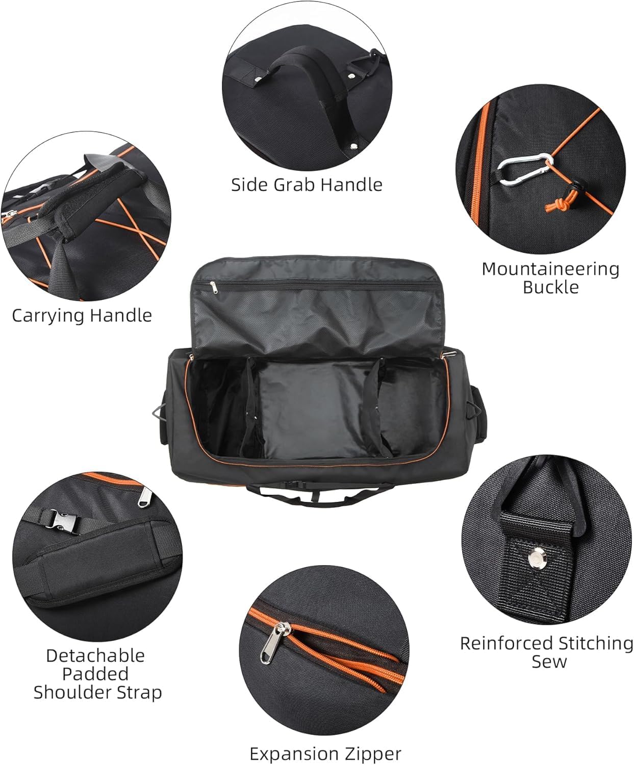 Rolling Duffle Bag with Wheels,110L/140L Expandable Soft-Sided Foldable Duffle Bag with 2 Rubber Wheels,Packable 32” Rolling Carry-On with Multi-Pockets & Compartments (Black Orange)