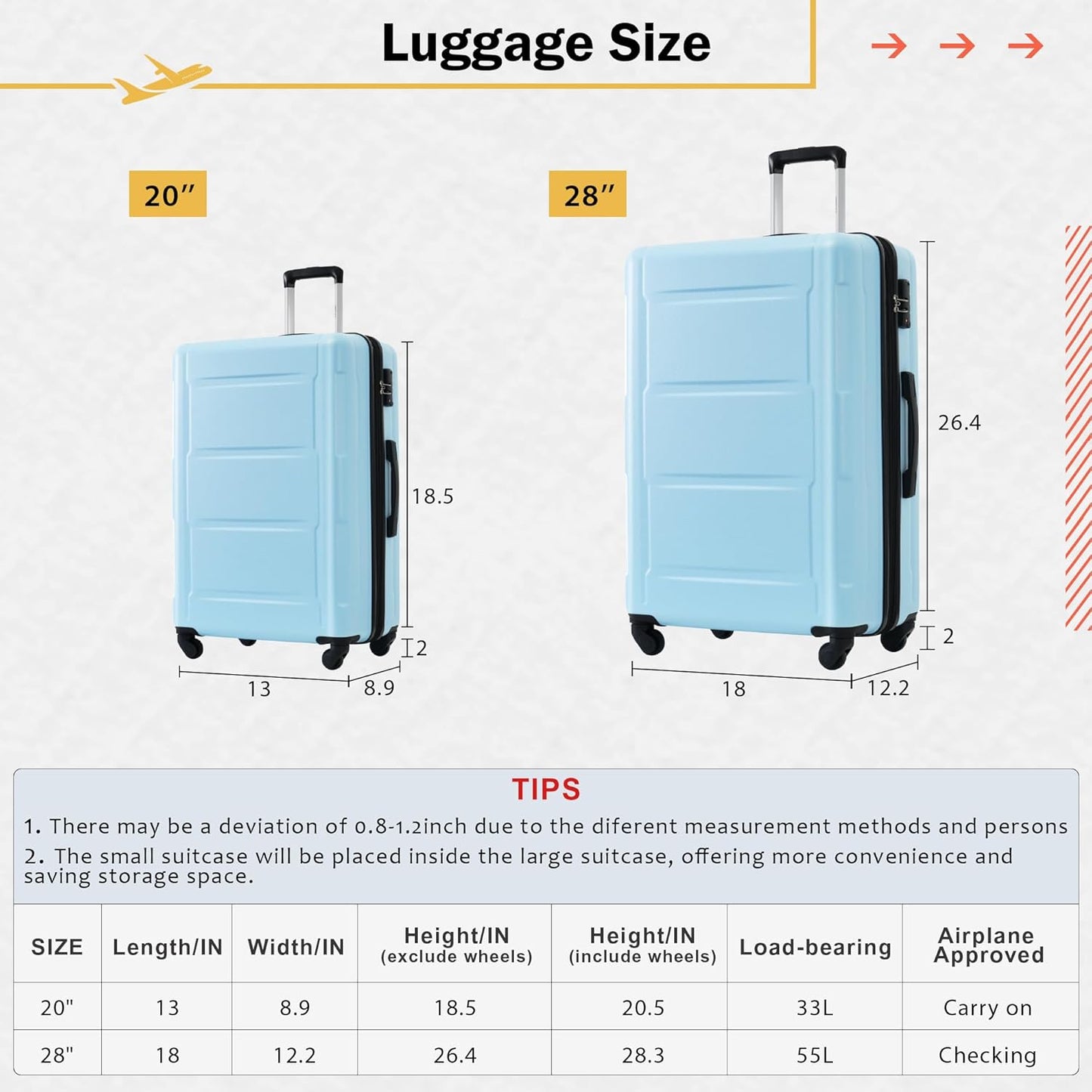 Merax Luggage Set 2 Piece Suitcase Sets with Spinner Wheel,Lightweight Hardside Expandable Travel Laggage with TSA Lock,Suitcase with Travel Bag(20"/28",Baby Blue)