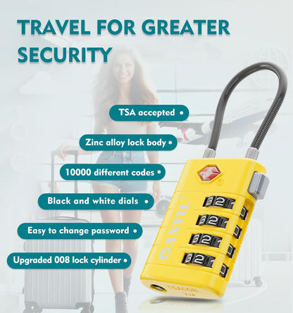 ANVIL 4 Digit Luggage Locks, TSA Locks for Luggage, Advanced TSA008 core, Alert Indicator for Your Travel Lock, Suitcase Lock. (3, Yellow)