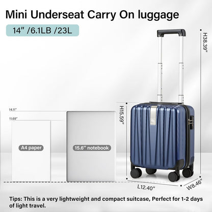 Hanke 14 Inch Underseat Carry On Luggage with Wheels Hard Shell Suitcases Lightweight Small Luggage for Weekender Mini Suitcase Carry On Bag Travel Luggage Christmas Gifts for Birthday (Dark Blue)
