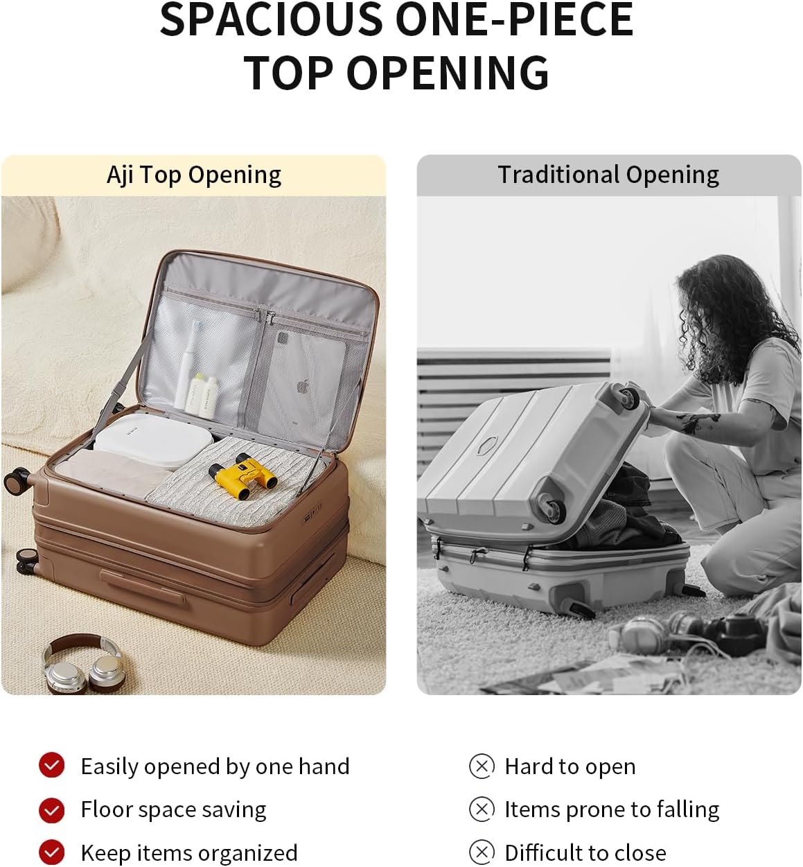 aji Expandable Top Opening 26 Inch Checked Luggage with Spinner Wheels, Large Suitcase with TSA Lock, Hard Shell Travel luggage Suitcases for Men Women, for 20+Days Travel, Chocolate Brown