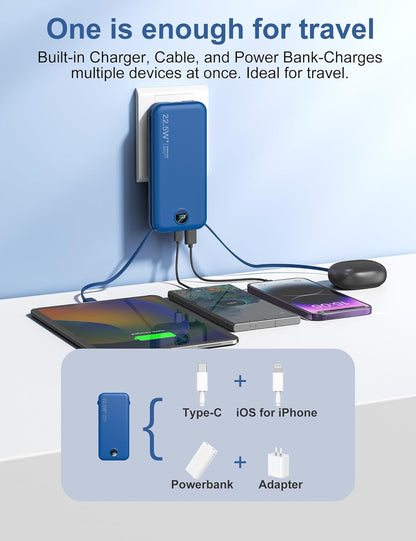 Portable Charger, 12000mAh 22.5W USB C Power Bank Fast Charging with Built-in Cables & Wall Plug, 5-in-1 External Battery Pack with LED Display, Perfect Backup Charger for iPhone, iPad, Samsung Navy