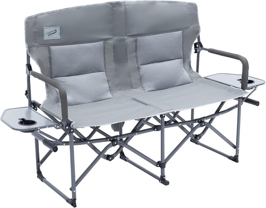 Oversized Double Portable Folding Director’s Loveseat Chair with Padded Backrest, Side Table | Outdoor Sports, Beach, Lawn, Hunting, Tailgating, Fishing| Supports 300 Lbs/Seat