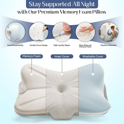 Cervical Pillow for Neck Support, Memory Foam Contour Pillow, Ergonomic Orthopedic Pillow, Adjustable Height Soft Bed Pillow with Breathable Pillowcase for Back, Side, Stomach Sleeper