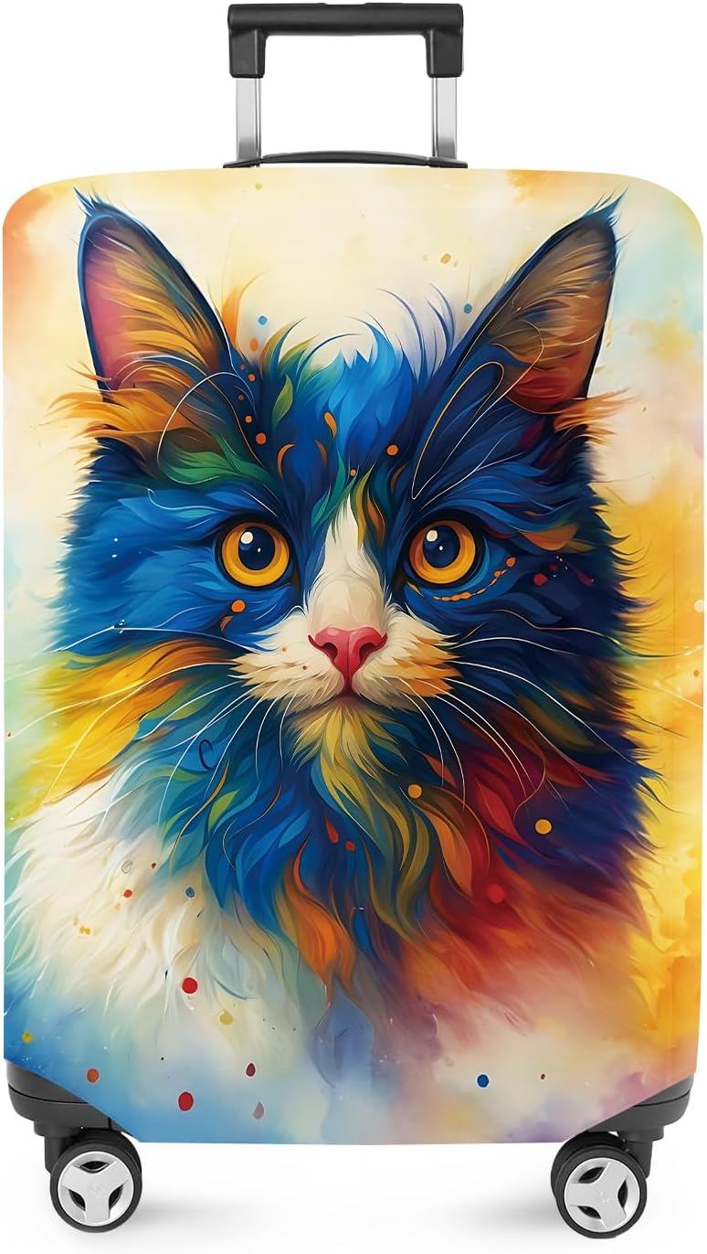 ANNA QUEEN Colorful Cat Luggage Cover, Artistic Blue Cat Design with Rainbow Colors, Stretchable, Washable Travel Sleeve for 20-22 Inch Suitcases