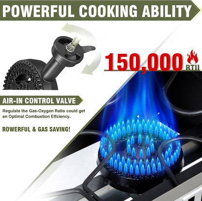 BESTFIRE 2 Burner Propane Gas Stove Outdoor Cooking Station – 150,000 BTU Double Cast Iron Burner with Auto Ignition, Regulator, Side Shelves & Wheels – Portable No-Windshield Design for Camping